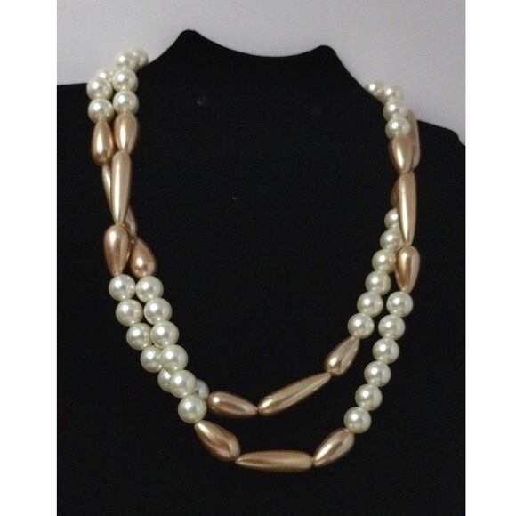 Hollywood Regency Faux Pearl Necklace Champagne Tear Drop Cylinder 38" Graduated - Picture 2 of 6